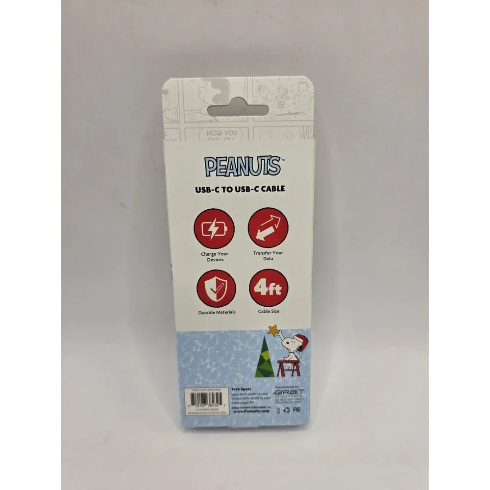 Peanuts Snoopy Puffer Coat Christmas  USB-C to USB-C Cable 4ft Charging Data NEW